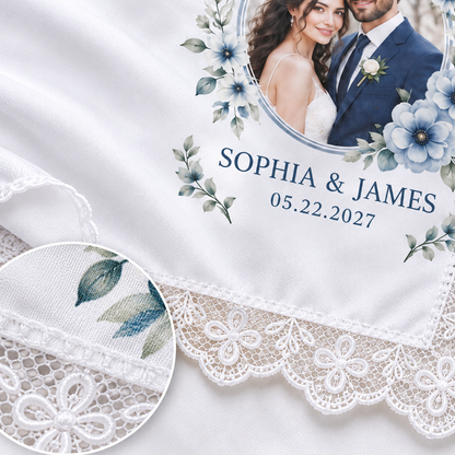 Blue Floral Photo printed satin wedding handkerchief - detail