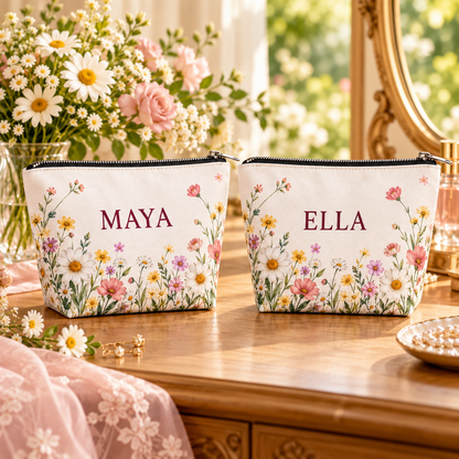 Pressed Meadow Cosmetic Bag; personalization examples. One Day for Lifetime