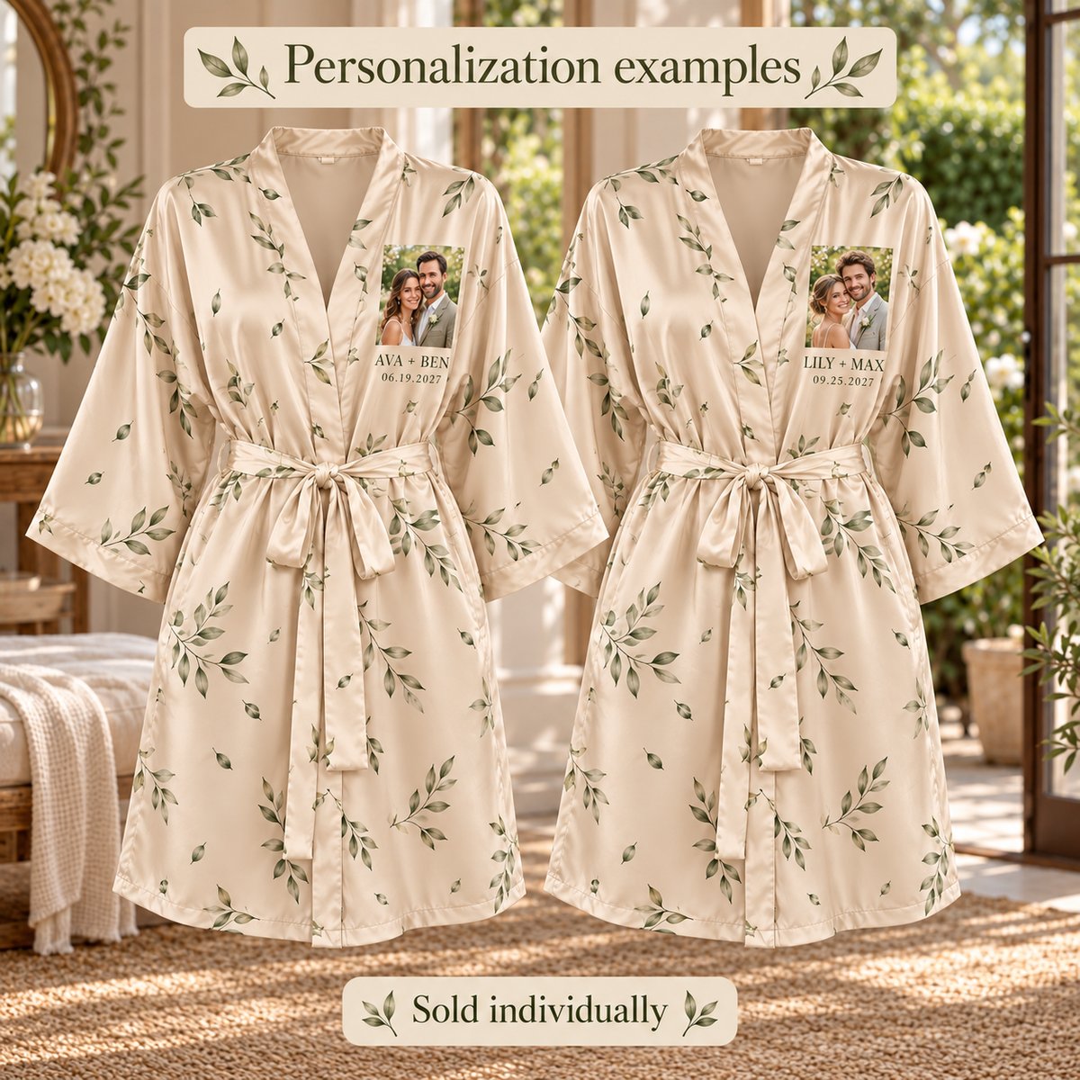 Our Portrait Personalized Satin Robe; personalization examples. One Day for Lifetime