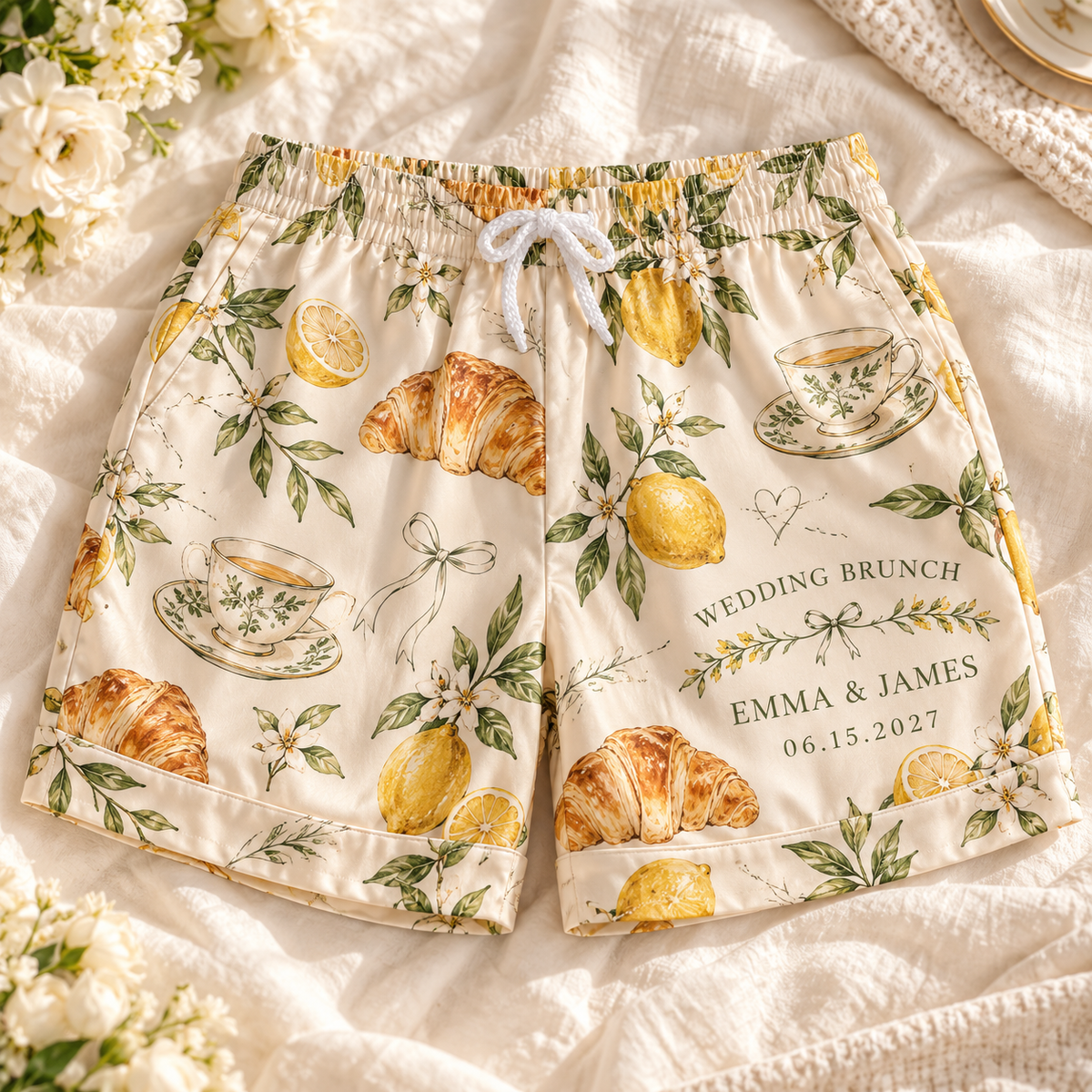 Family Recipe Wedding Brunch Personalized Satin Pajama Shorts; hero. One Day for Lifetime