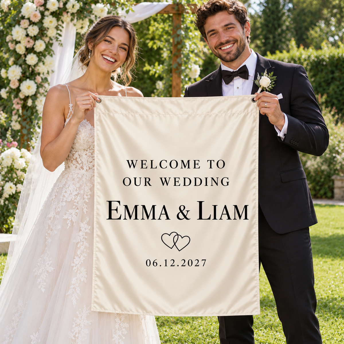 Ivory Linked Hearts personalized wedding house flag - wedding held