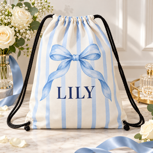Blue Bow Bridal Party Drawstring Bag; hero. One Day for Lifetime
