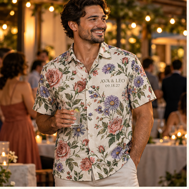 Birth Flower Garden Short Sleeve Button-Down Shirt; lifestyle context. One Day for Lifetime
