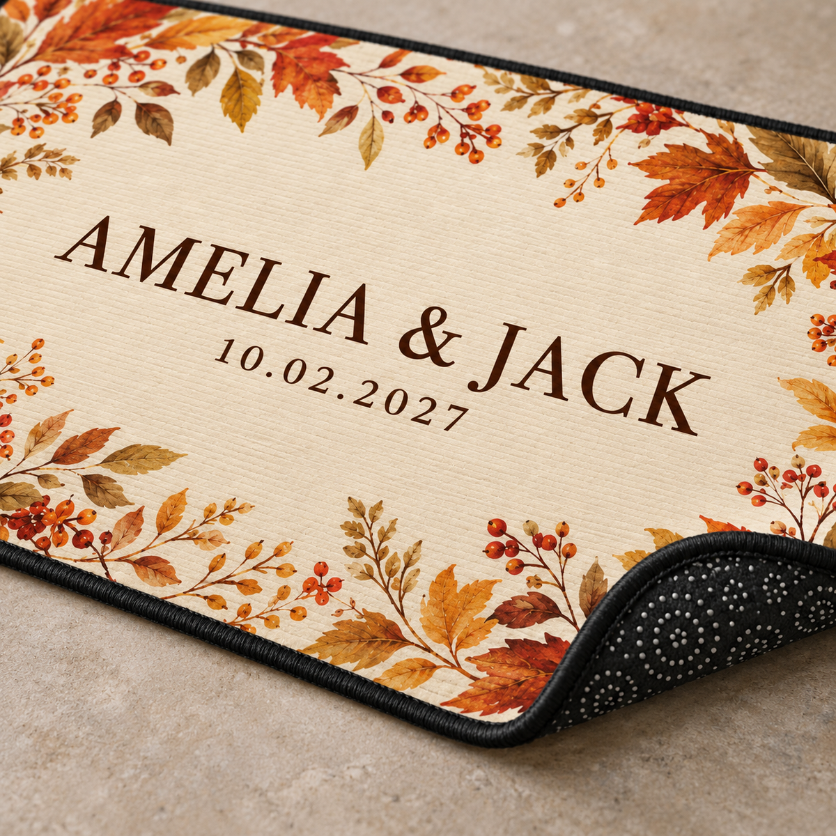 Autumn Leaf Frame personalized wedding doormat - detail