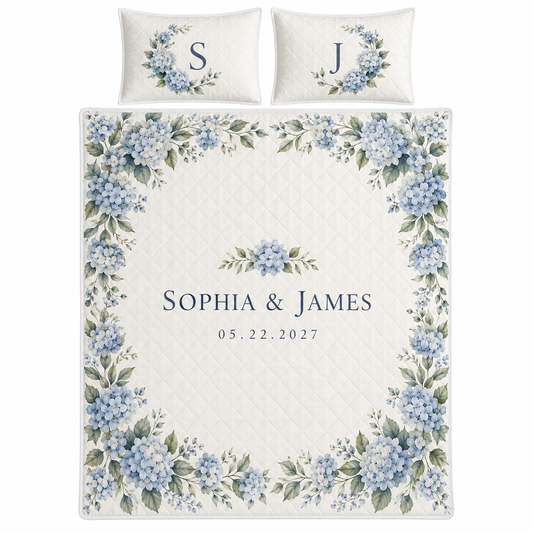 Dusty Blue Hydrangea personalized quilt bedding set - hero