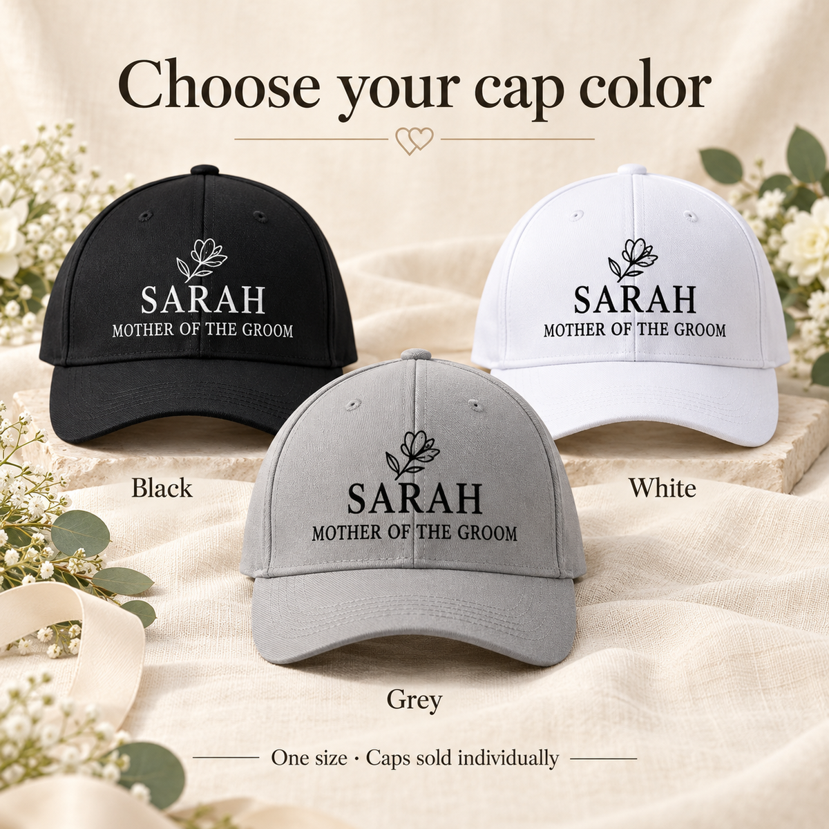 Mother of the Groom Embroidered Cap; neutral colors. One Day for Lifetime