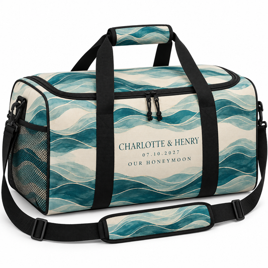 Teal Coastal Waves personalized travel duffel bag - hero