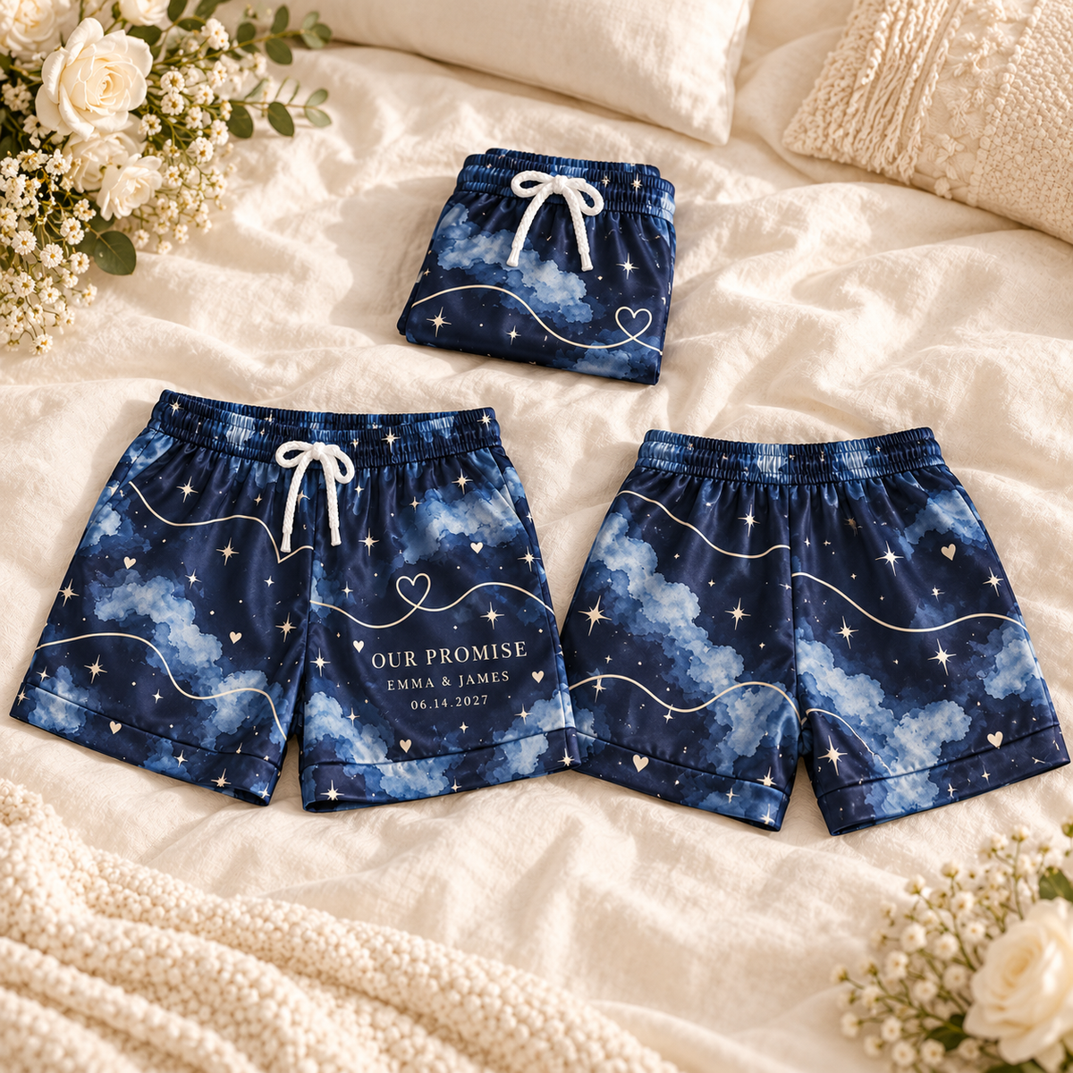 Our Promise Vow Lines Personalized Satin Pajama Shorts; multi view overview. One Day for Lifetime