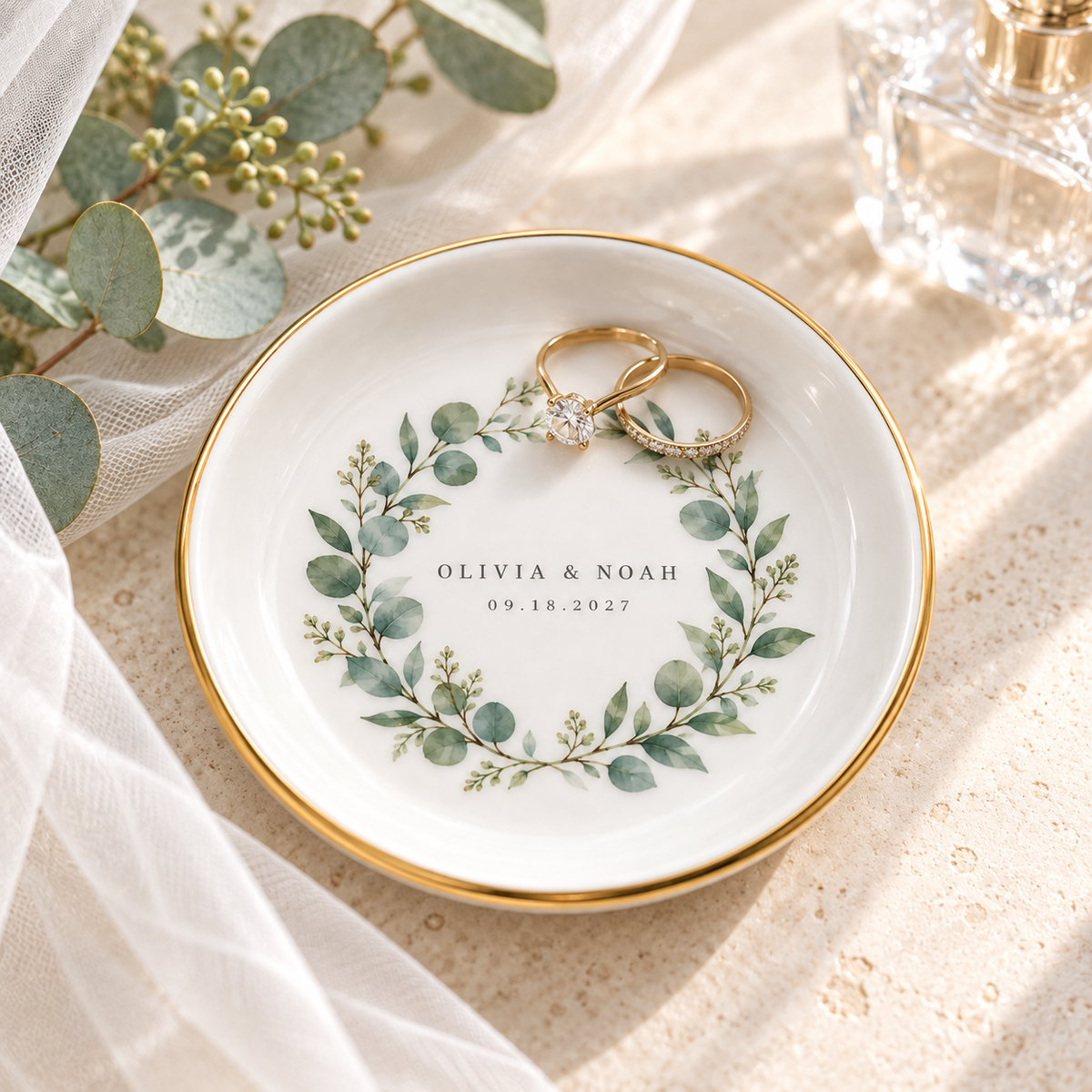 Sage Wreath personalized ceramic jewelry dish - bridal vanity