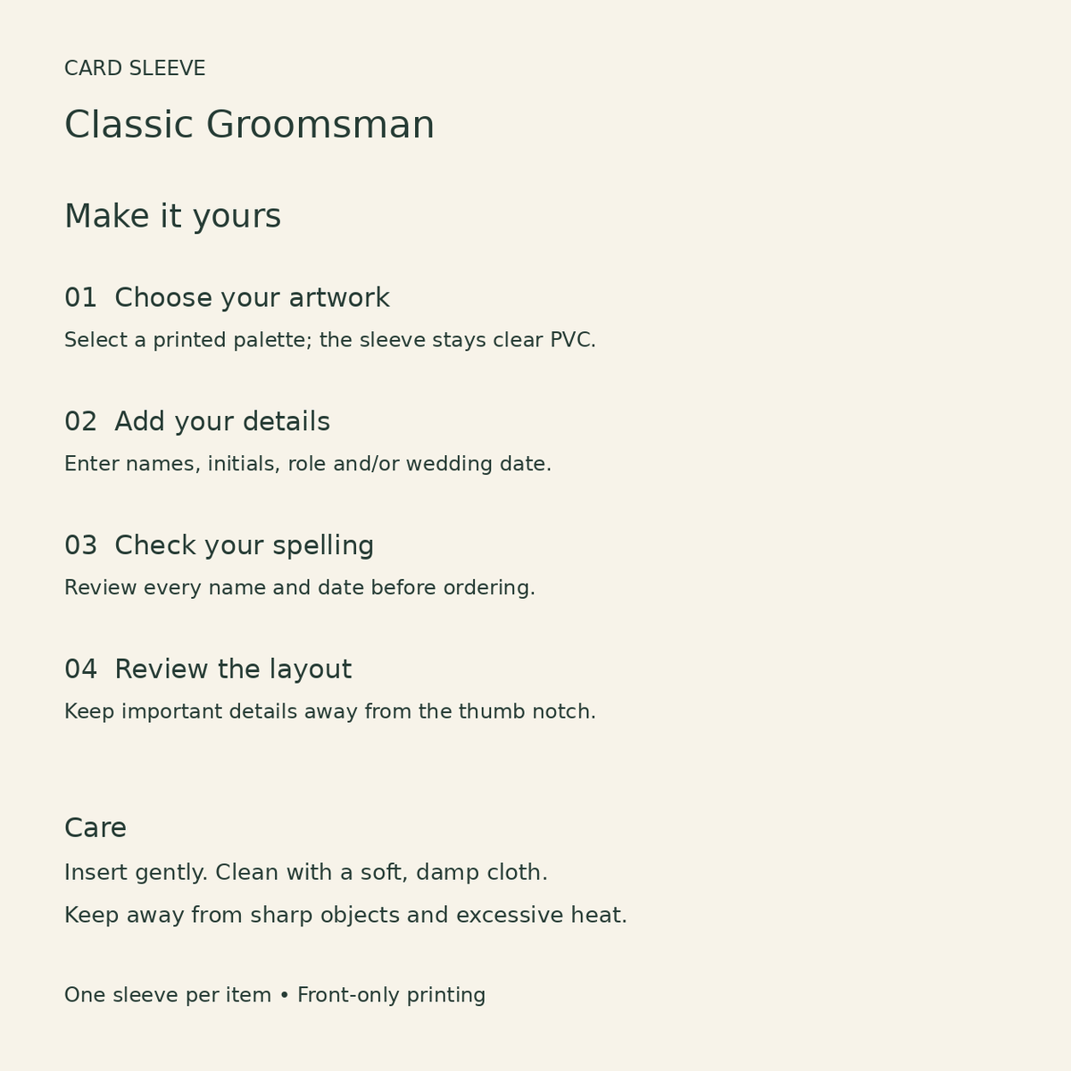 Classic Groomsman Card Sleeve; personalization care. One Day for Lifetime