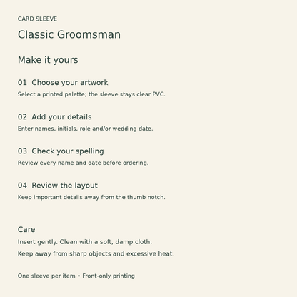 Classic Groomsman Card Sleeve; personalization care. One Day for Lifetime
