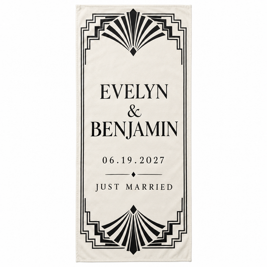 Ivory Art Deco Fan personalized wedding beach towel - front