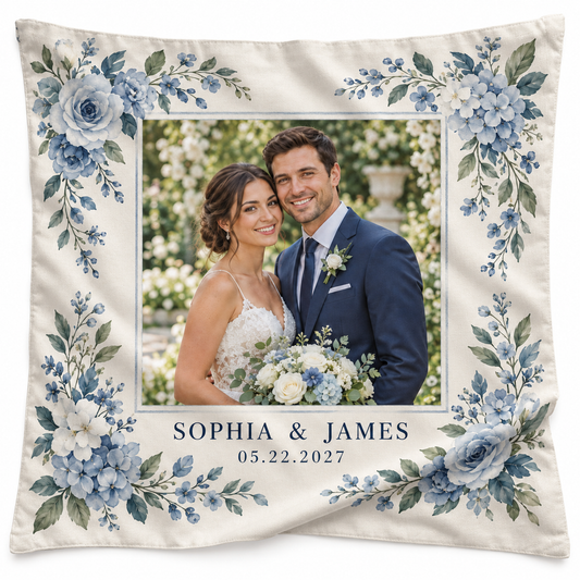 Dusty Blue Portrait personalized wedding pillow cover - hero