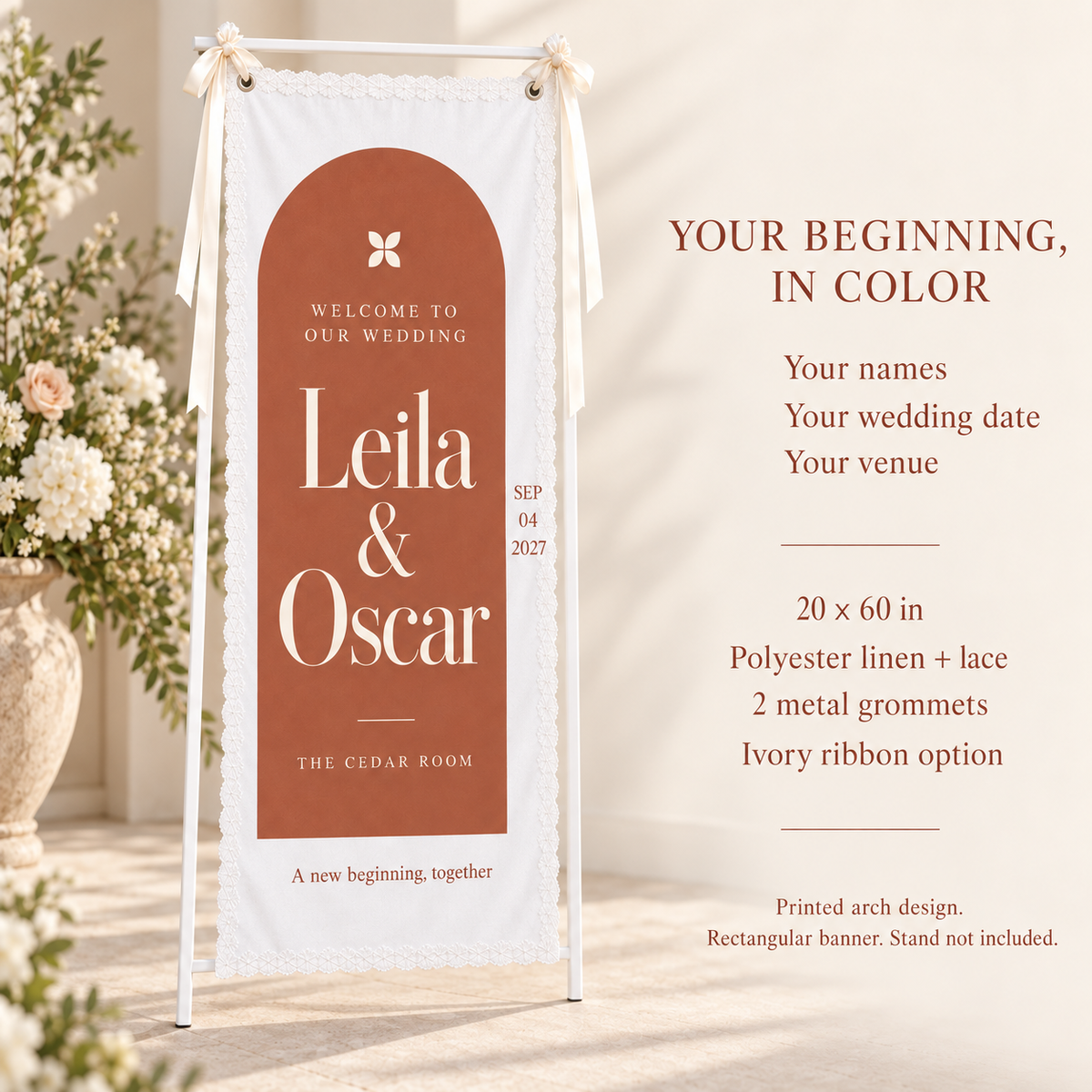 Through Our Painted Arch | Personalized Lace Wedding Banner - personalization guide