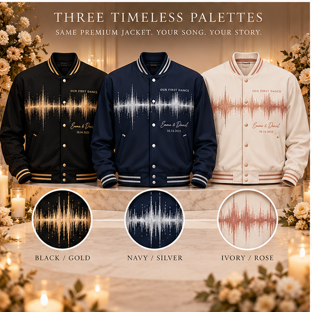 First Dance Soundwave Varsity Jacket; palette variants. One Day for Lifetime