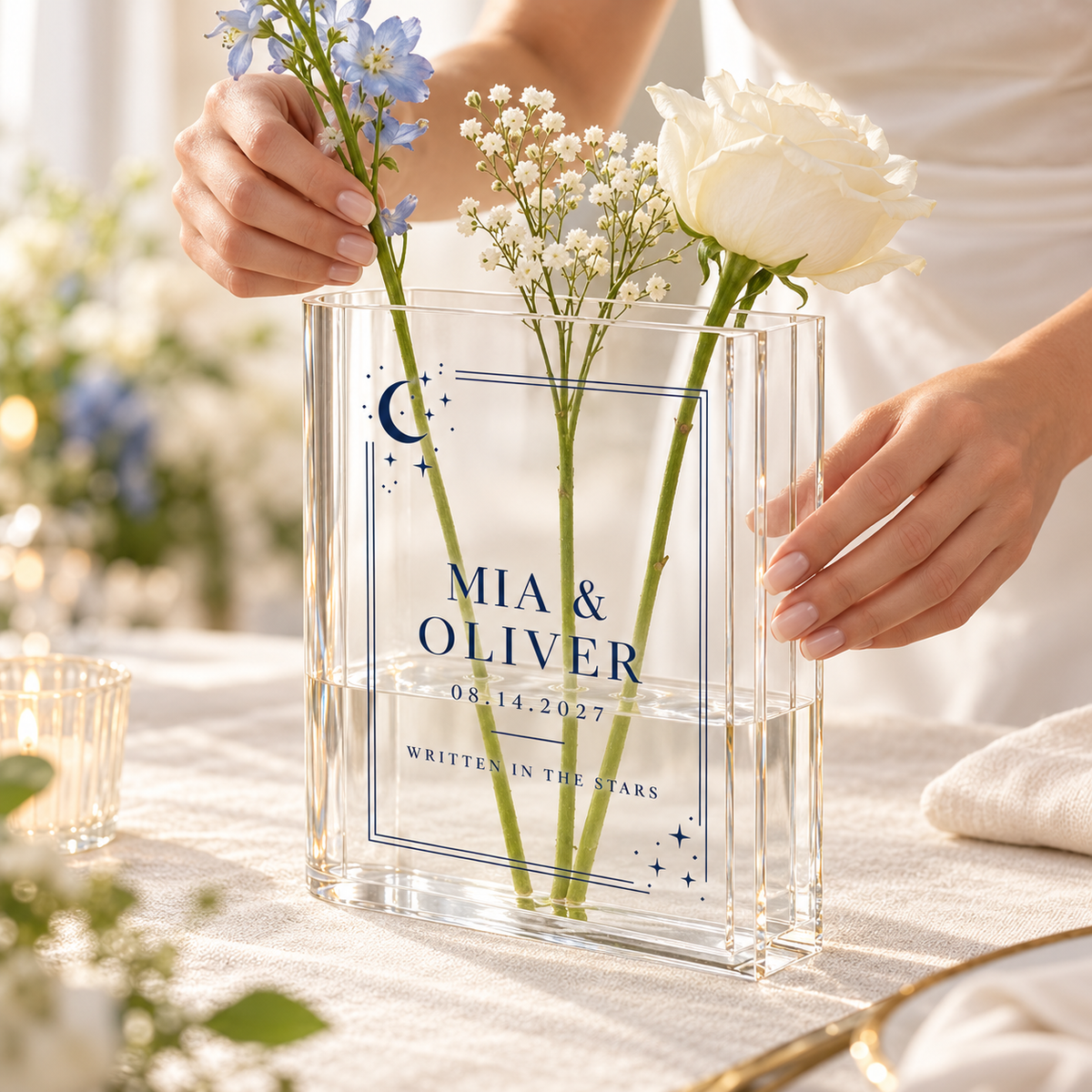 Starry Night personalized acrylic book vase - arranging flowers