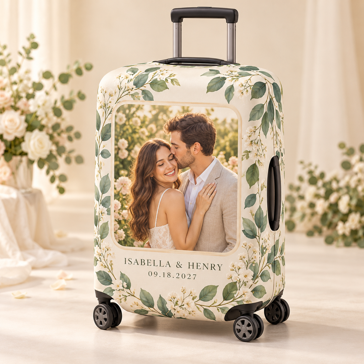Engagement Photo Keepsake Luggage Cover; hero. One Day for Lifetime