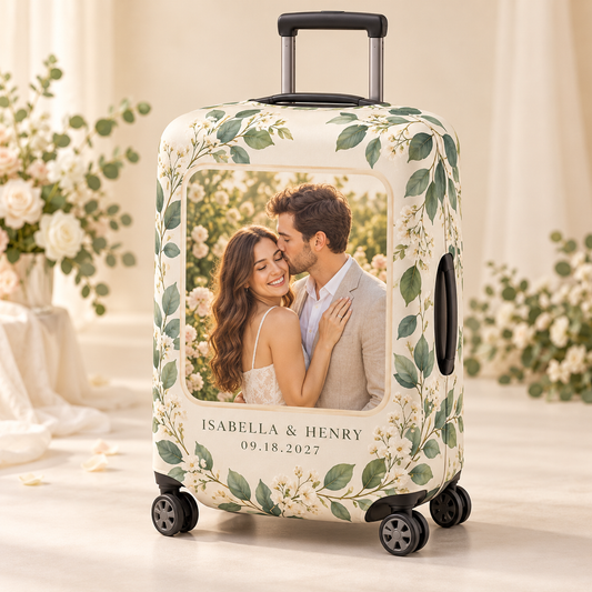 Engagement Photo Keepsake Luggage Cover; hero. One Day for Lifetime