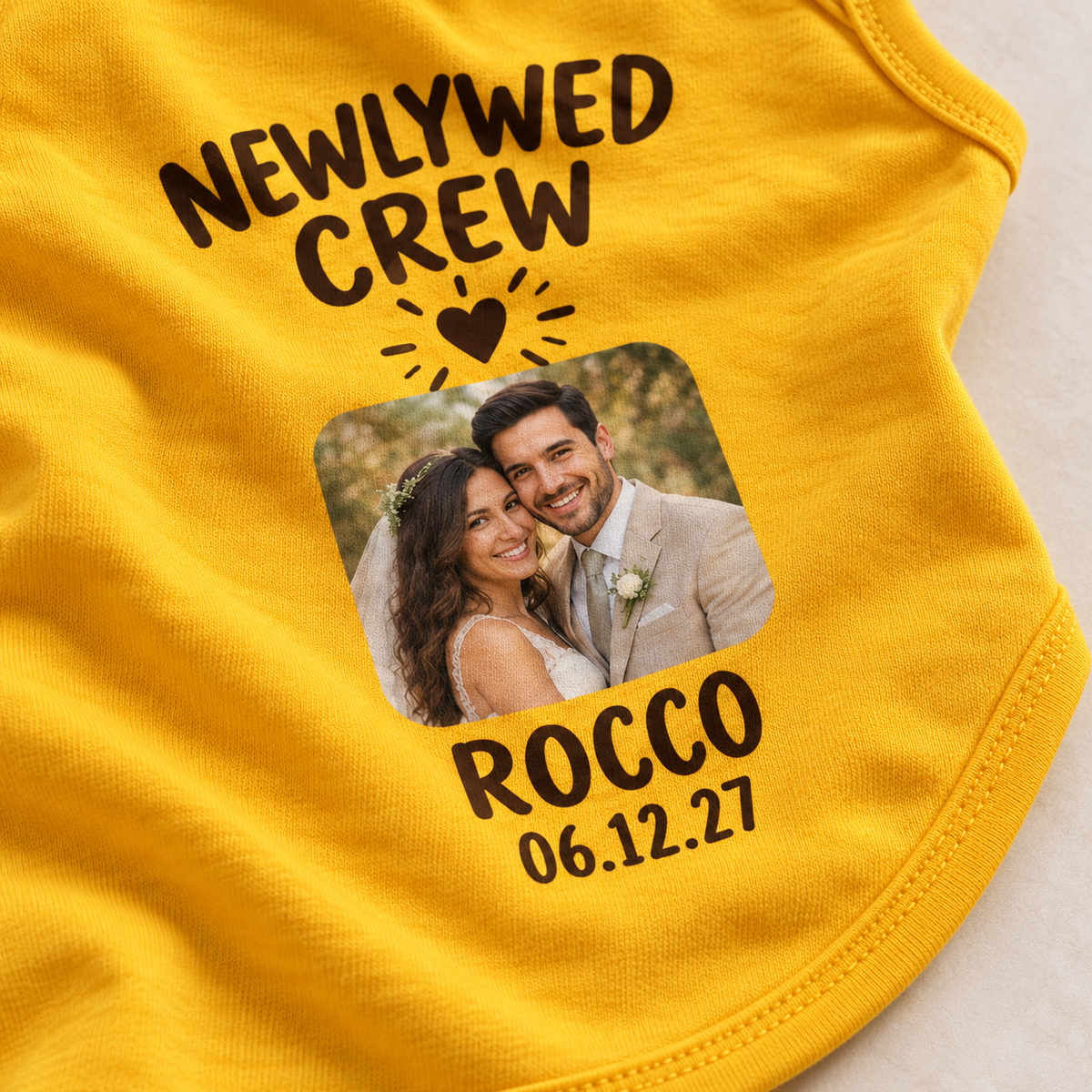 Newlywed Photo Crew Pet Tank Top; material detail. One Day for Lifetime
