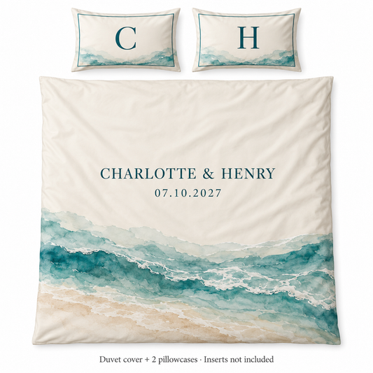 Teal Shoreline personalized wedding duvet cover set - hero