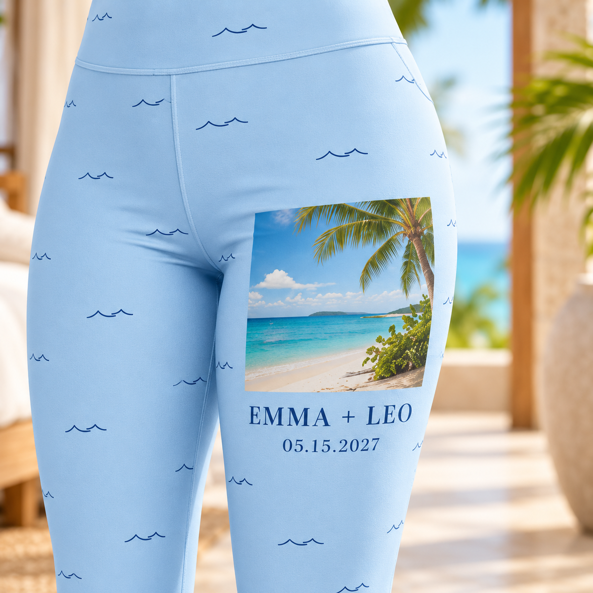 Honeymoon Postcard Personalized Leggings; print detail. One Day for Lifetime