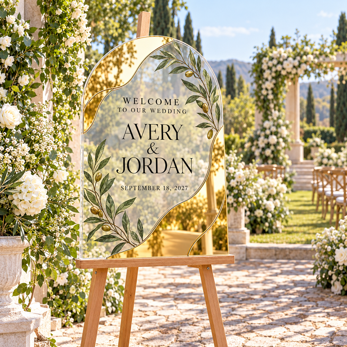 Olive Vow Personalized Mirror Acrylic Welcome Sign; venue context. One Day for Lifetime