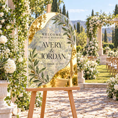 Olive Vow Personalized Mirror Acrylic Welcome Sign; venue context. One Day for Lifetime