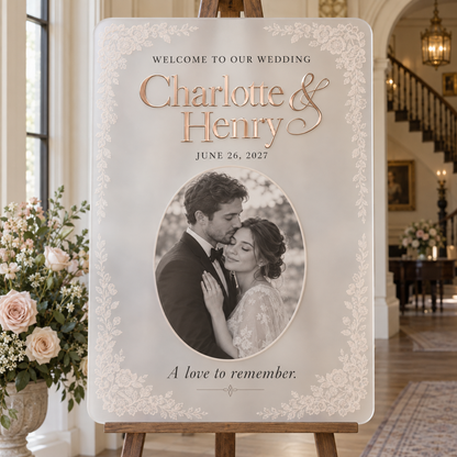 Heirloom Lace Portrait | Personalized Frosted Acrylic Wedding Sign - front