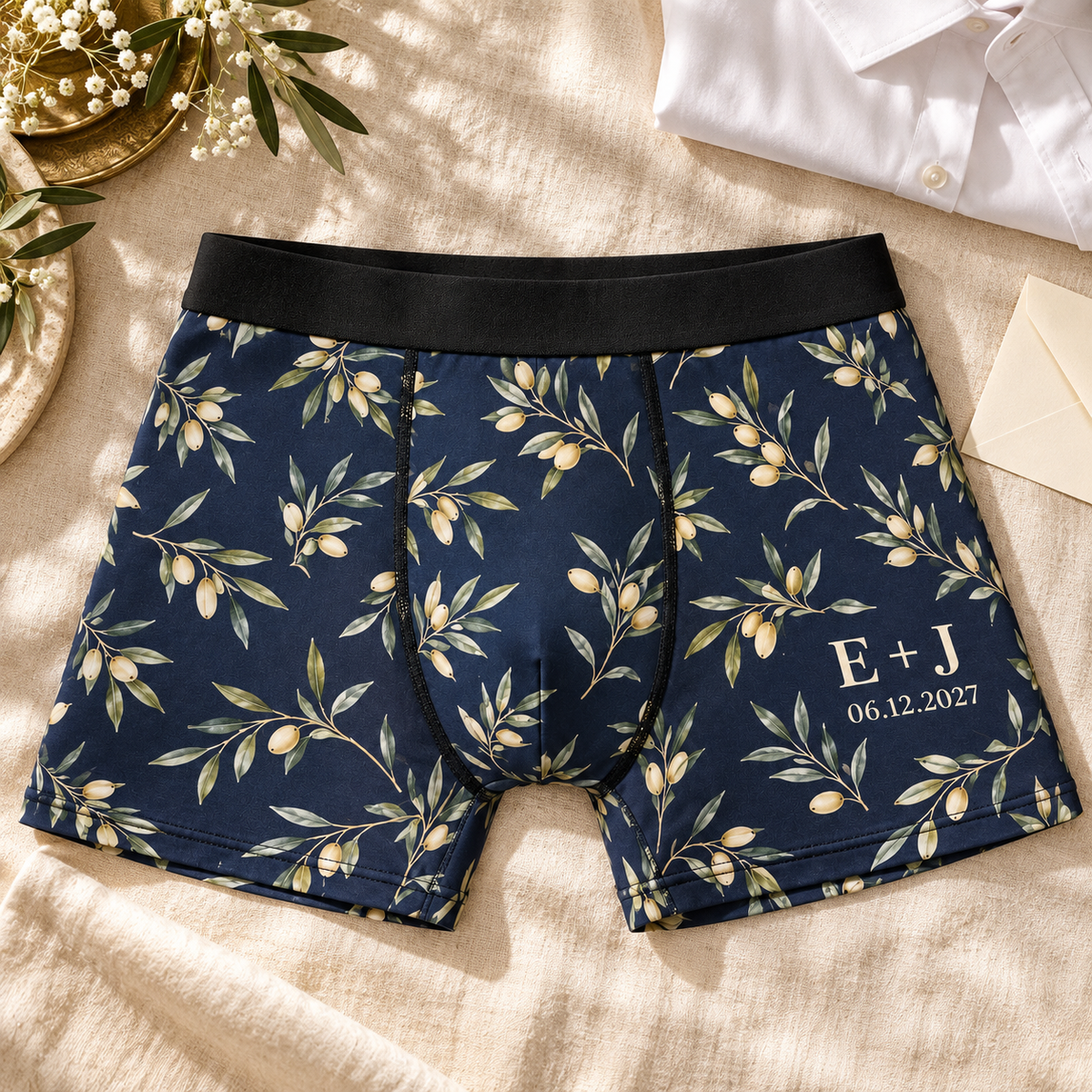 Heirloom Initials Personalized Boxer Briefs; styled flatlay. One Day for Lifetime