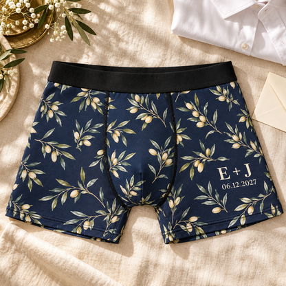 Heirloom Initials Personalized Boxer Briefs; styled flatlay. One Day for Lifetime