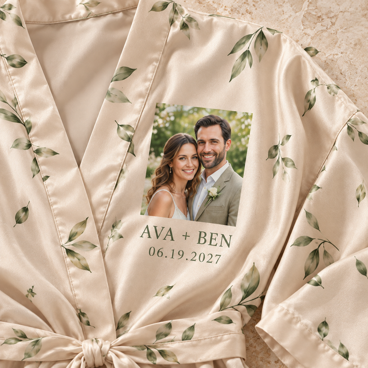 Our Portrait Personalized Satin Robe; print detail. One Day for Lifetime