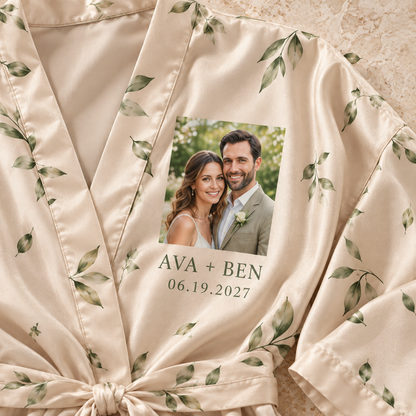 Our Portrait Personalized Satin Robe; print detail. One Day for Lifetime