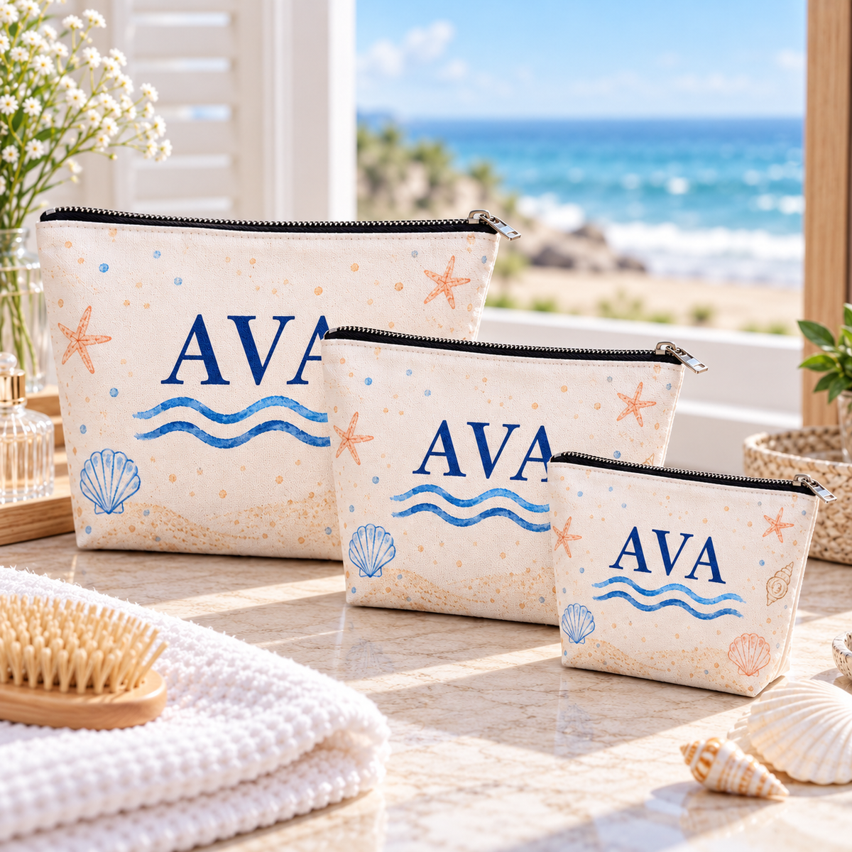 Coastal Wedding Weekend Cosmetic Bag; three sizes. One Day for Lifetime