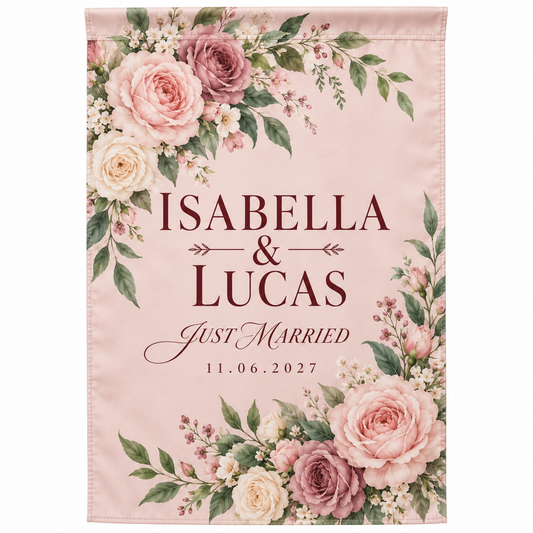 Blush Gardenroses personalized wedding garden flag - hero