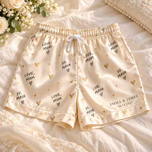 Signed With Love Confetti Personalized Satin Pajama Shorts; hero. One Day for Lifetime