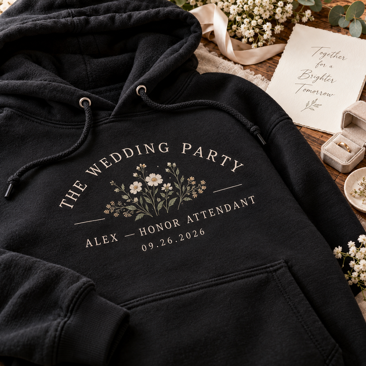 Wedding Party Roster Hoodie; print material detail. One Day for Lifetime