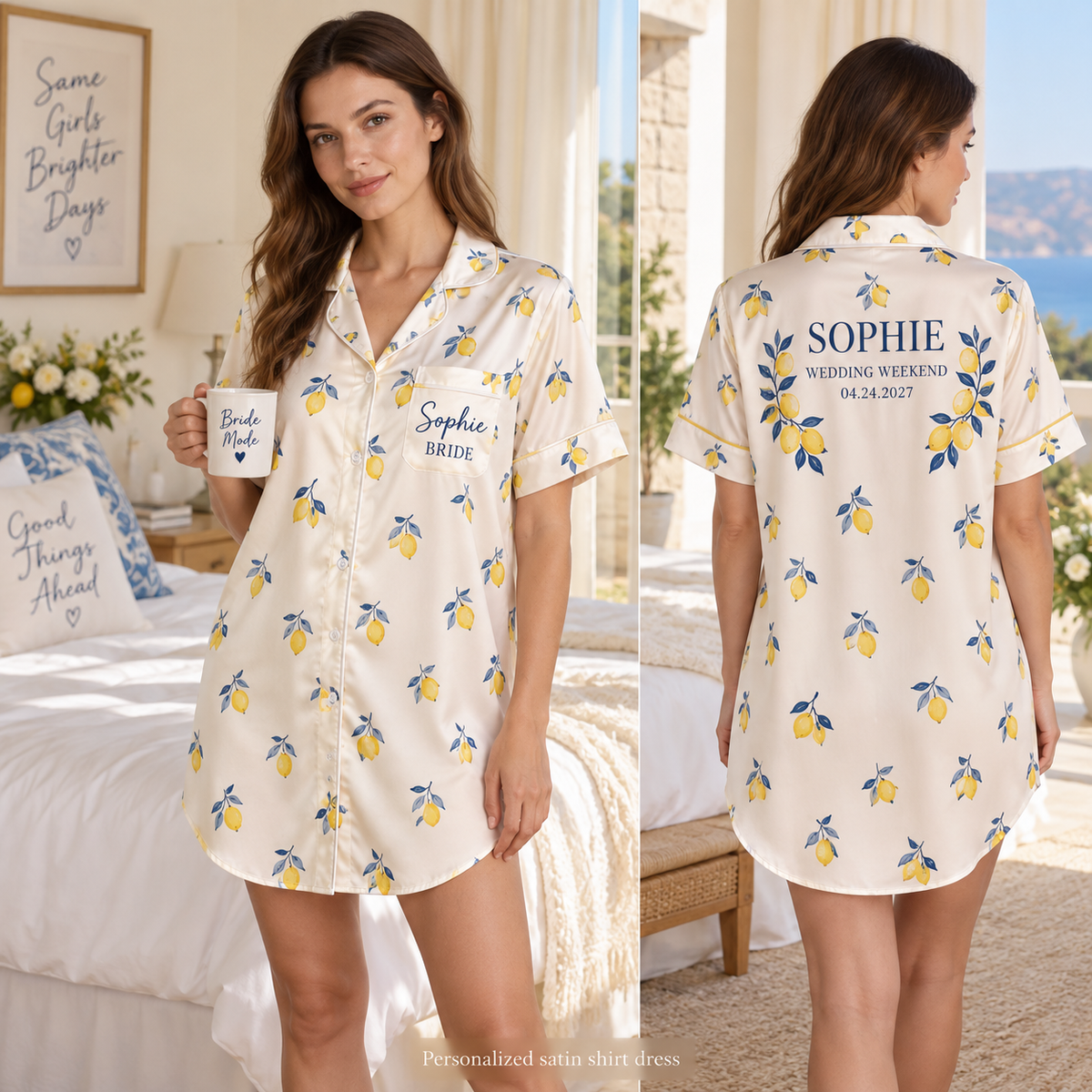 Citrus Wedding Weekend | Personalized Satin Pajama Shirt Dress - overview