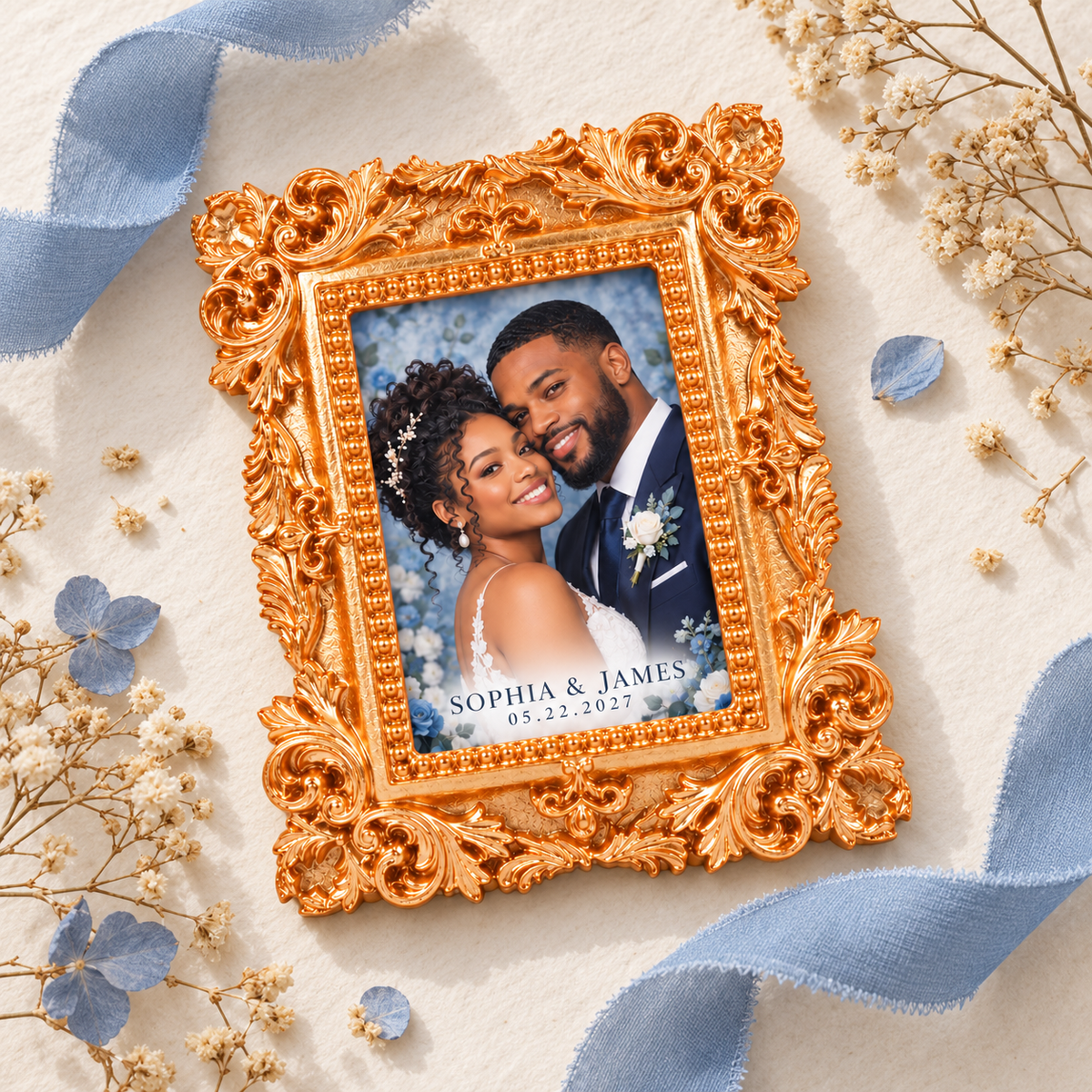 Dusty Blue Rectangle vintage photo frame magnet - flatlay