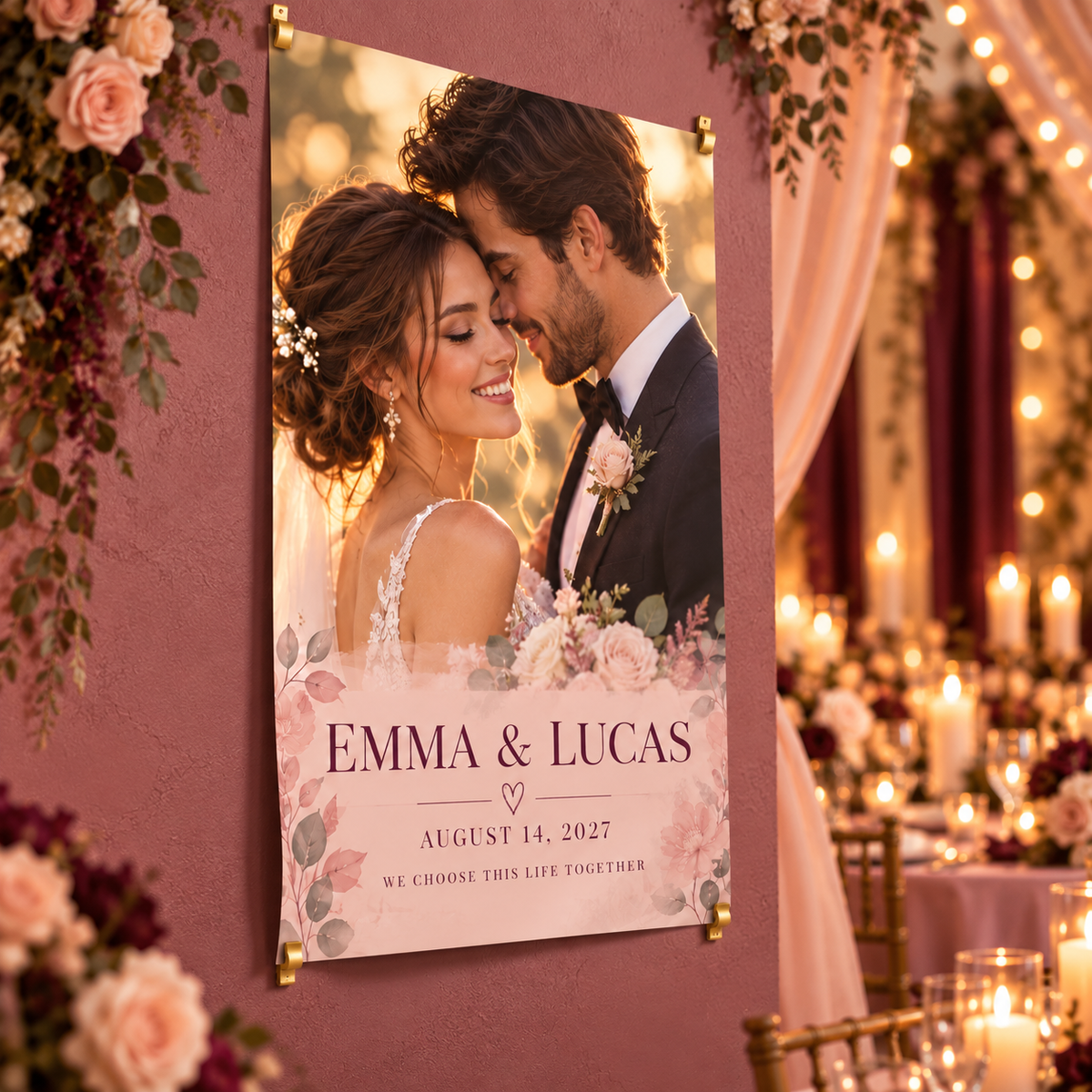 Vow Lines Portrait Personalized Wedding Poster; left angle. One Day for Lifetime