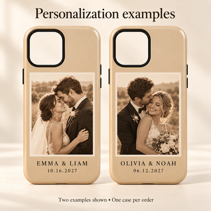 Our Story Photo Magnetic Tough Phone Case; personalization examples. One Day for Lifetime