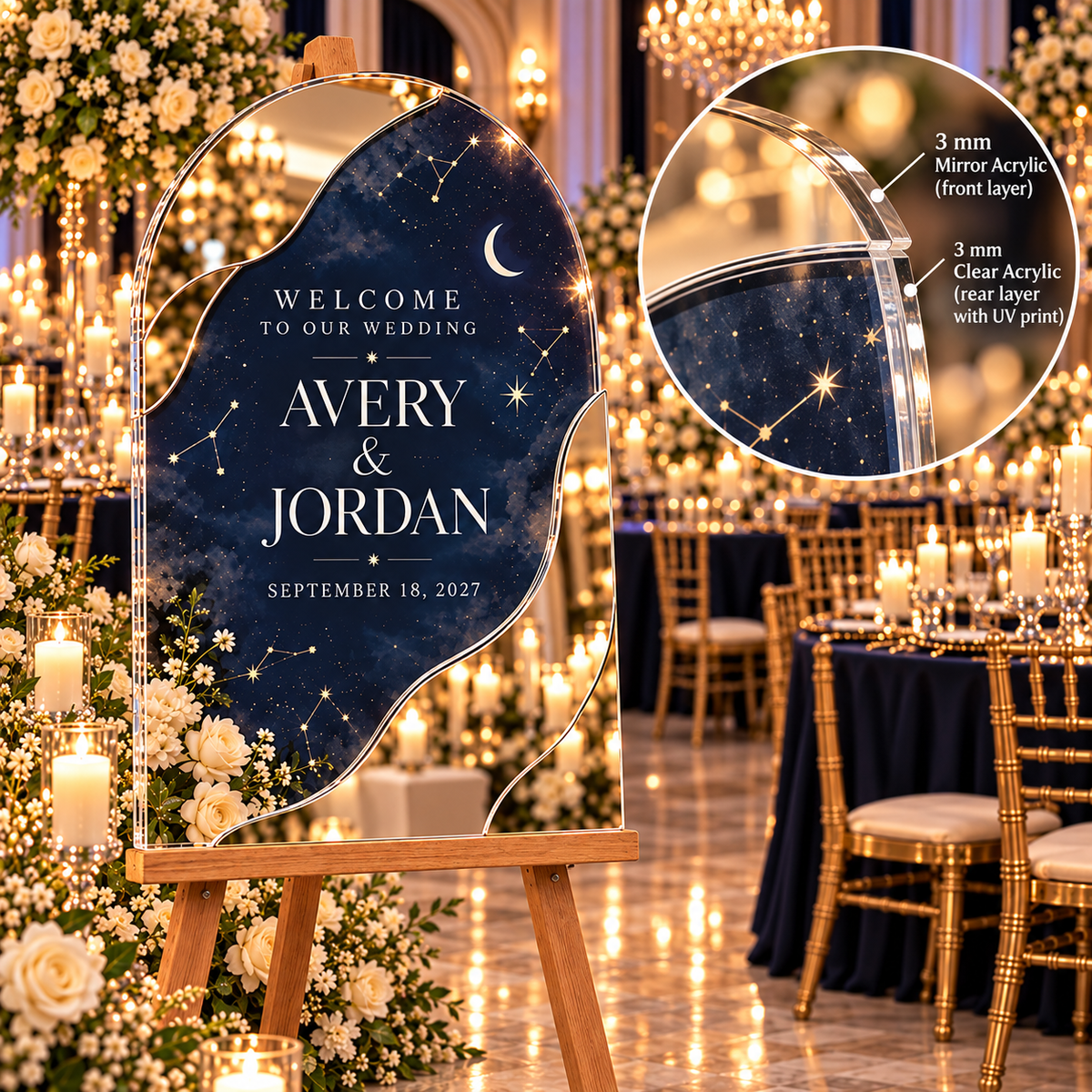 Midnight Celestial Personalized Mirror Acrylic Welcome Sign; layer detail. One Day for Lifetime