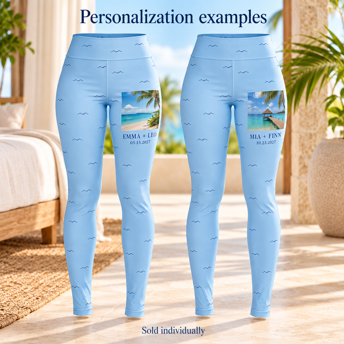 Honeymoon Postcard Personalized Leggings; personalization examples. One Day for Lifetime