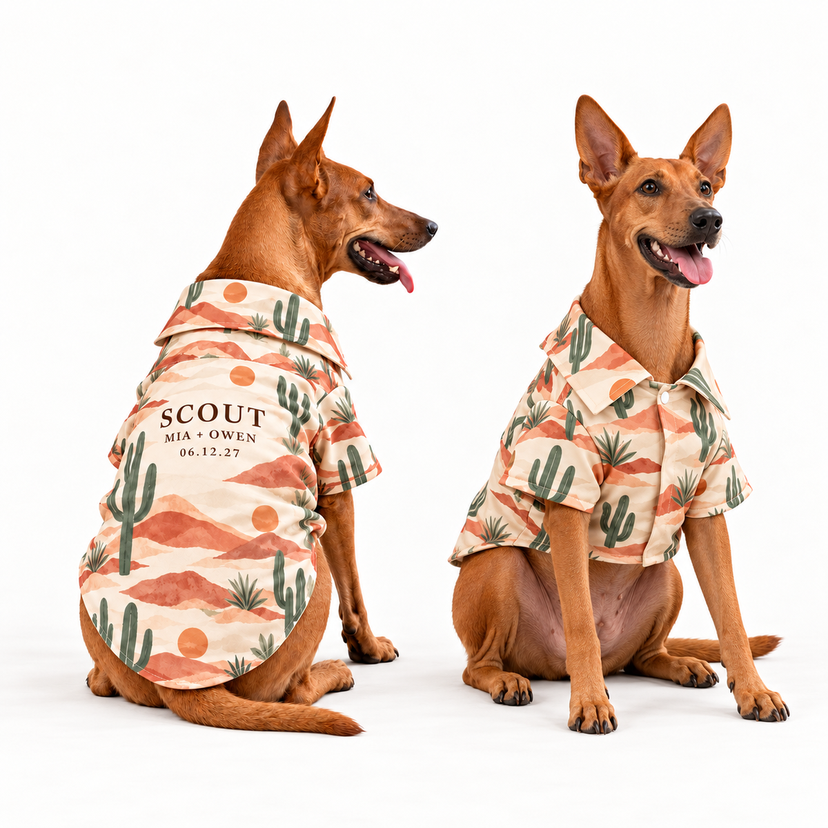 Desert Destination Pet Hawaiian Shirt; front back overview. One Day for Lifetime