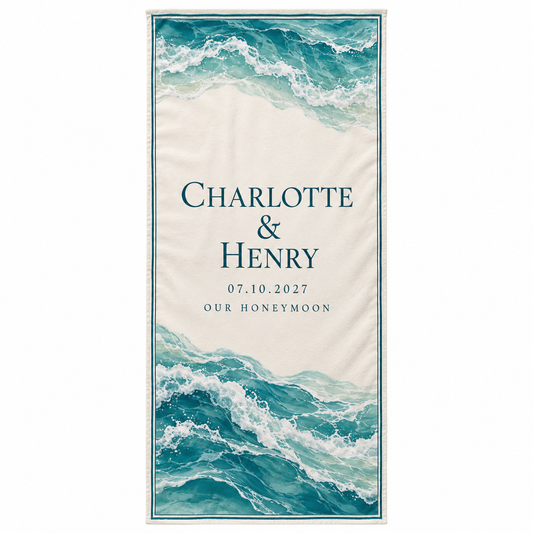 Teal Ocean Wave personalized wedding beach towel - front
