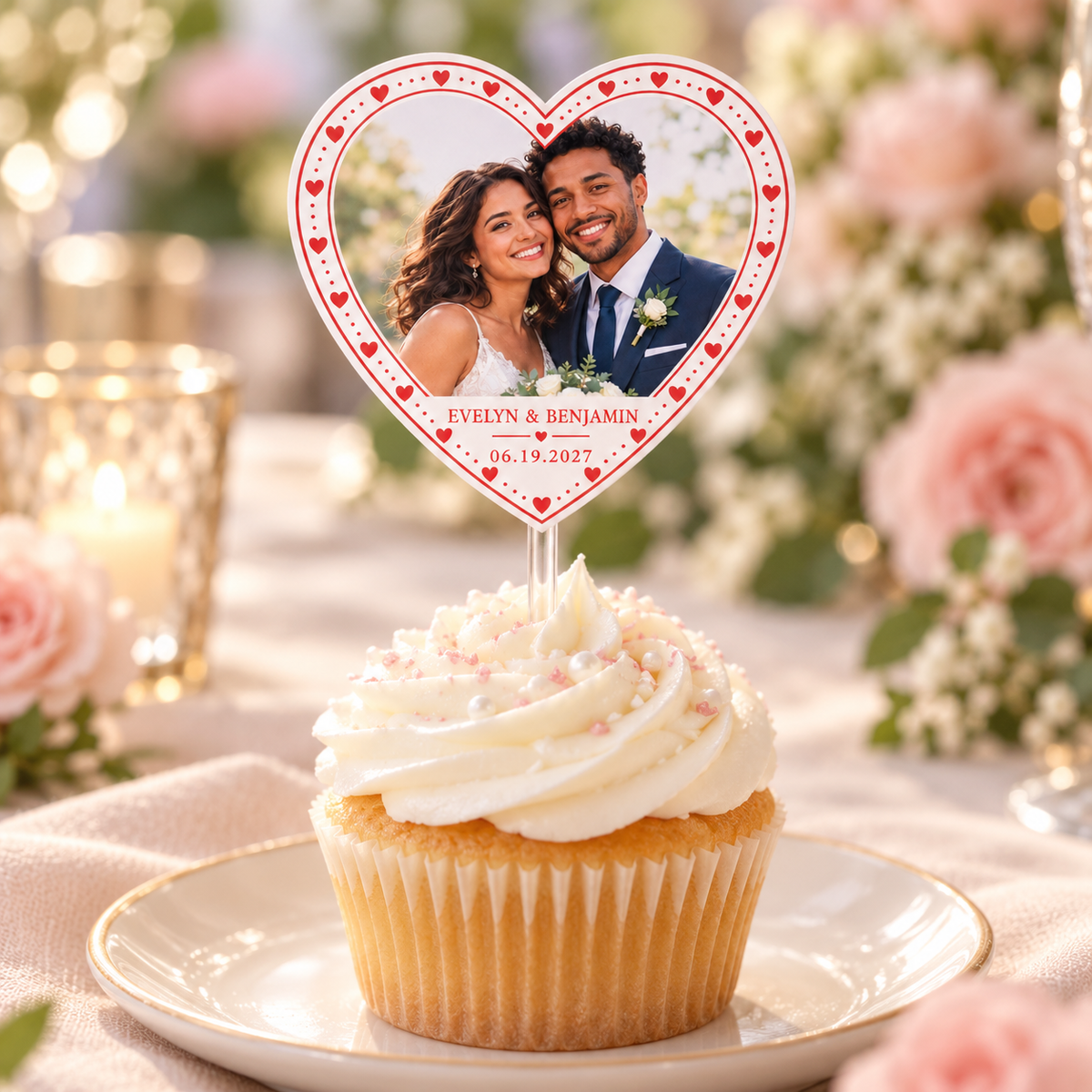 Custom Photo Heart personalized wedding cupcake topper - cupcake closeup