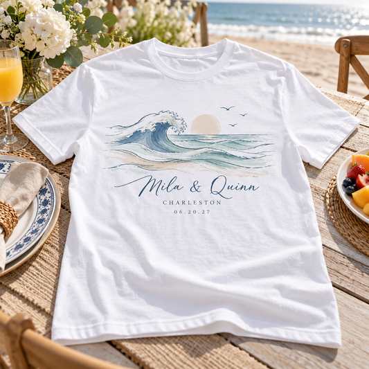 Coastal Wedding Brunch Personalized Printed T-Shirt; hero. One Day for Lifetime