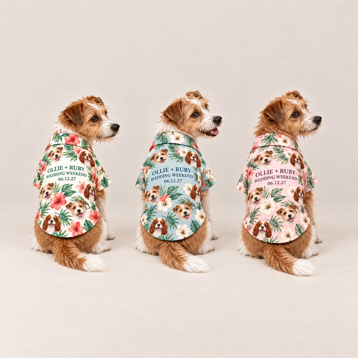 Two-Pet Tropical Portrait Pet Hawaiian Shirt; colorway variants. One Day for Lifetime