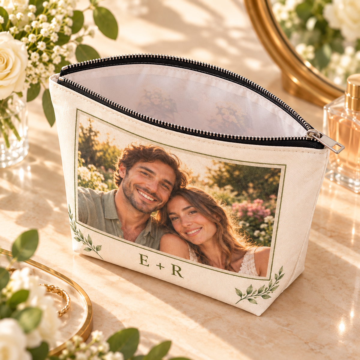 Our Engagement Memory Cosmetic Bag; open interior. One Day for Lifetime