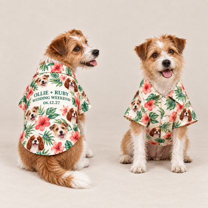Two-Pet Tropical Portrait Pet Hawaiian Shirt; front back overview. One Day for Lifetime
