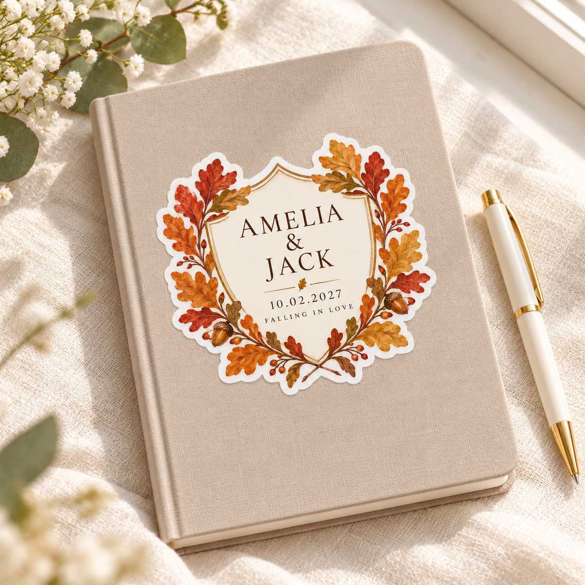 Autumn Leaf personalized wedding sticker - keepsake notebook